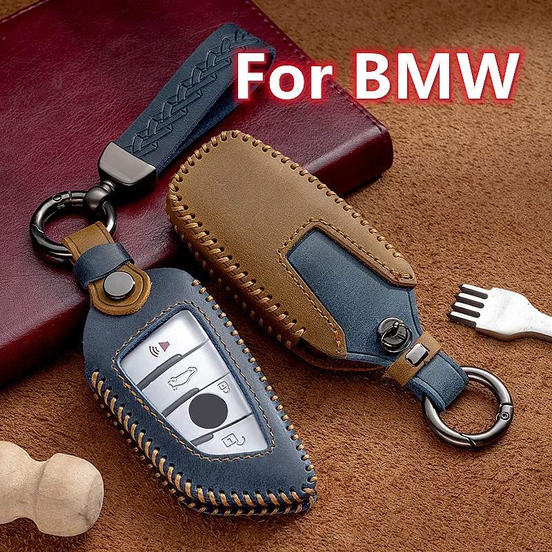 Crazy Horse Leather Car Remote Key Case Cover Shell Fob For BMW X1 X3 X5 X6 X7 1 3 5 6 7 Series G20 G30 G11 F15 F16  F48 Keyless