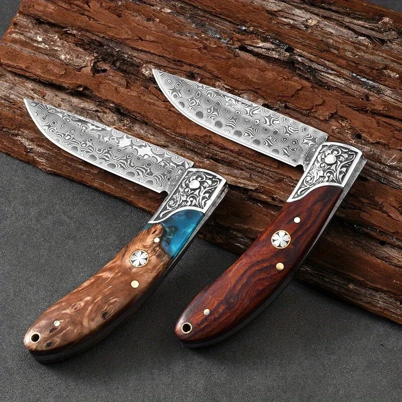 1pc Portable outdoor camping folding knife high-grade multi-functional Damascus steel knife: very suitable for peeling fruit