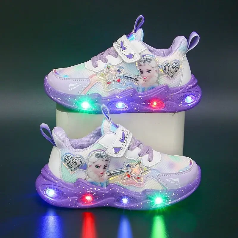 Disney children sports shoes led lights Spring new mesh surface breathable girls casual shoes non-slip soft sole running shoe