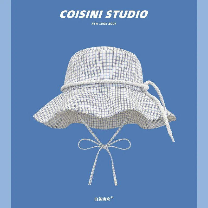 Korean Small Fresh Plaid Lace-up Bucket Hat Women's Spring and Summer Vacation Large Brim Shade Light and Breathable Sun Caps
