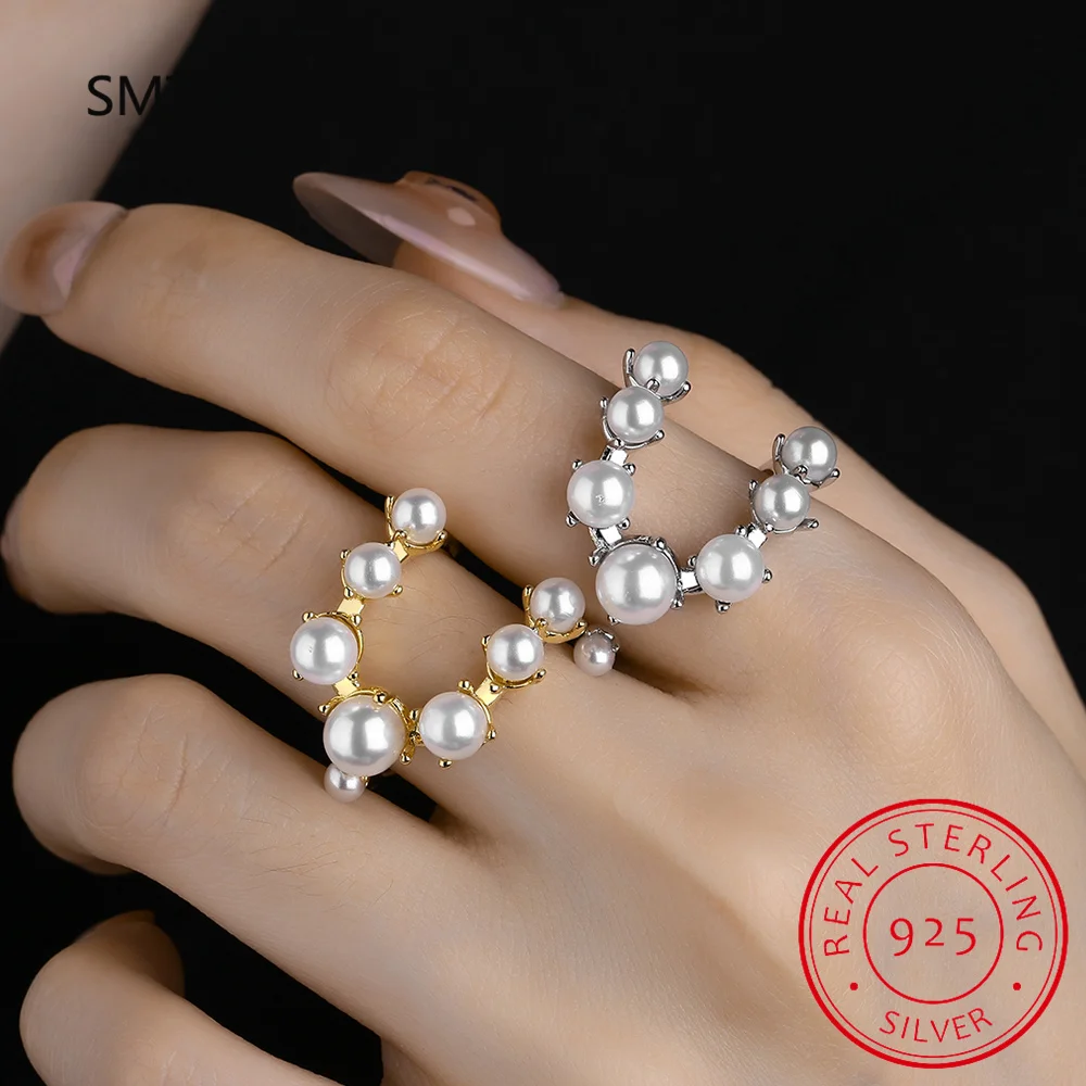 925 Sterling Silver Pearl Geometric Shape Adjustable Size 6-8 Finger Rings Fashion Platinum Plated Jewelry For Women Gift J9464