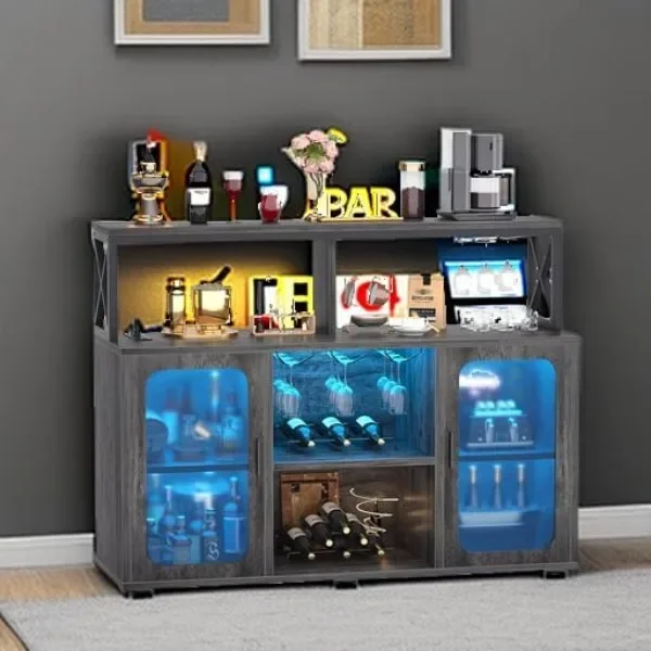 Aheaplus Bar Cabinet with Power Outlets, Liquor Cabinet with Led Lights and Glass Holder, Storage Buffet Cabinet Coffee