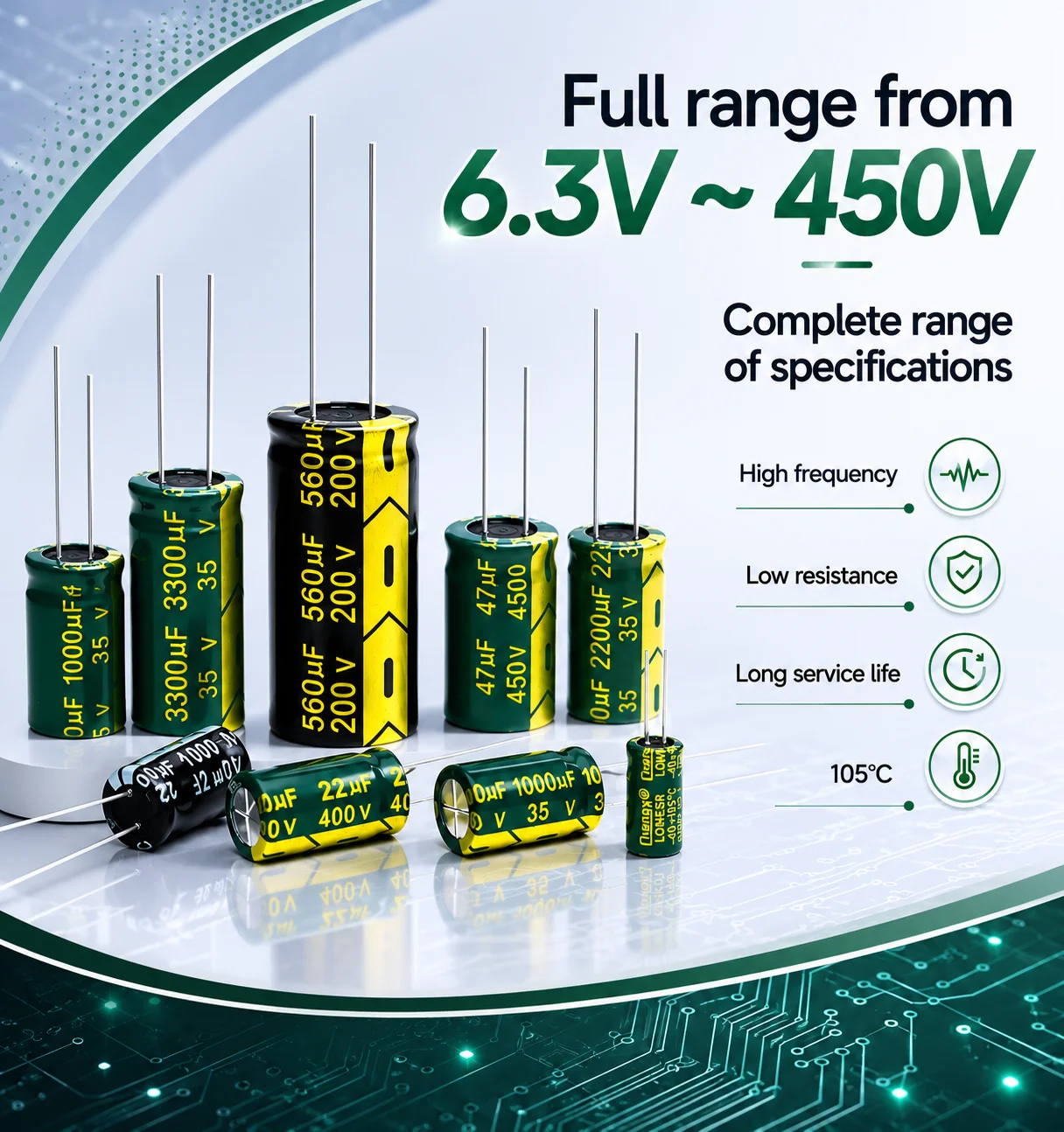 6.3V 10V 16V 25V 35V 50V 400V 450V 1UF 2.2UF 4.7UF 10UF 1000UF 22UF 33UF 47UF 470UF 100UF 220UF Aluminum Electrolytic Capacitor