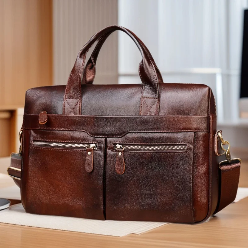 ธุรกิจหนังวัวแท้กระเป๋าเอกสารขนาดใหญ่ความจุ Man กระเป๋าแล็ปท็อปหนังแท้ Multifunctional ชาย Tote หรือกระเป๋าสะพาย