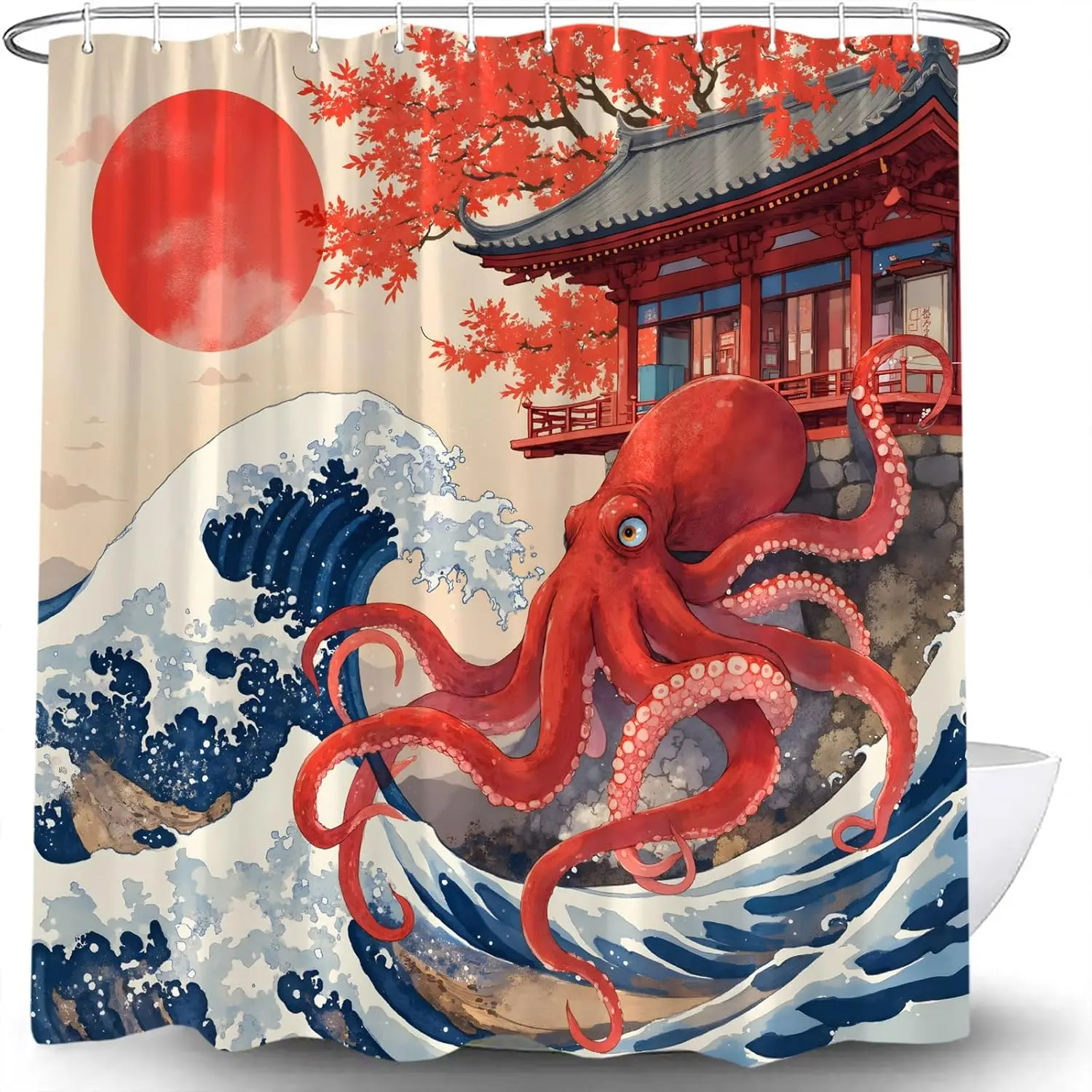 Octopus Great Wave Shower Curtain Japanese Red Kraken Tentacles Blue Ocean Nautical Sea Sun Cherry Blossom Marine Life Art Bath