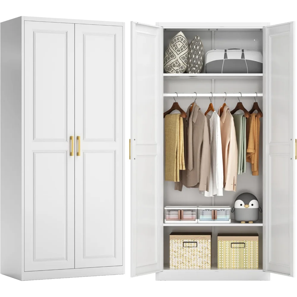 

71" Metal Armoire Wardrobe Closet with 2 Doors, Tall Wardrobe Cabinet with Hanging Rod and Adjustable Shelves