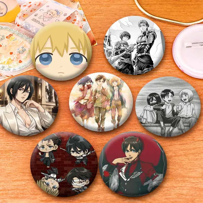 Classic Attack on Titan Anime Brooch Cartoon Round Badge Handmade Levi Ackerman Eren Armin Lapel Pins Backpack Clothes Ornament