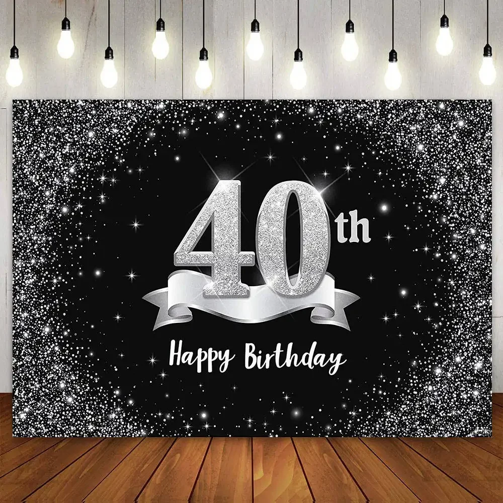 Happy 40th Birthday Backdrop 40 Years Old Party Decoration Cake Table for Women Men Forty Bday Black Silver Starry