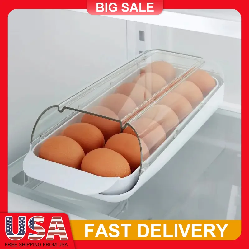 

12 Egg Rolling Storage Container for Refrigerator Clear View Organizer BPA Free Plastic Easy Access Hand Wash White