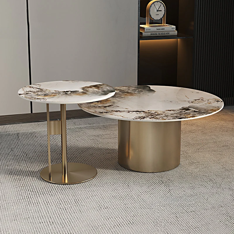 Italian Light Luxury Slate Round Coffee Table Living Room Furniture Designer Stainless Steel Coffee Table Simple Sofa Side Table
