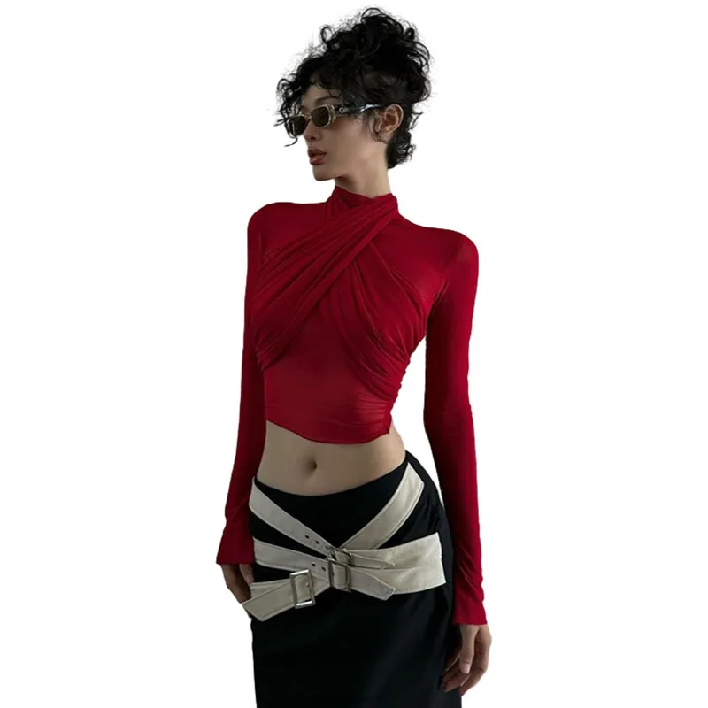 See Through Mesh Sexy Crop Tops Red Black Long Sleeve Tight Shirt Women Street Fashion Blouses