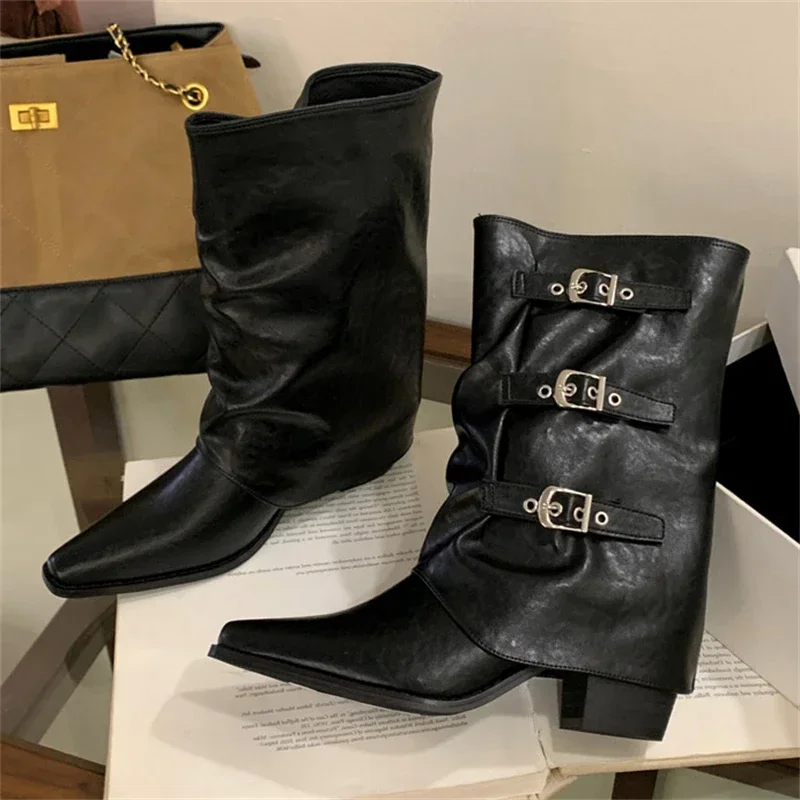 

Aneikeh Autumn Winter Fashion Square Low Heels Shoes Designer Pleated Narrow Band Pointed Toe Women Ankle Boots