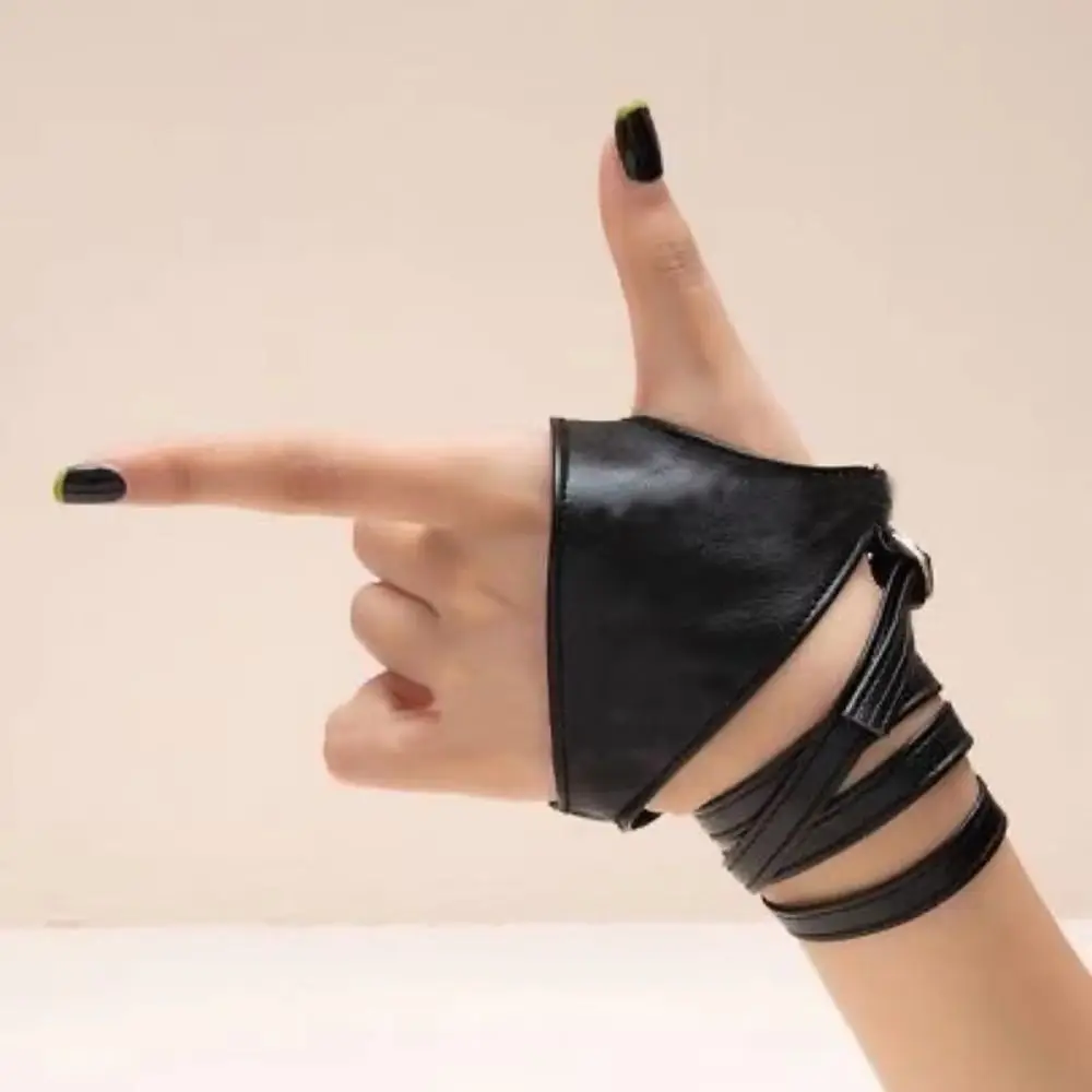 Fashion Harajuku Strap Leather Gloves Black Hip Hop Half-finger Tie Gloves Y2K Korean Style Punk Wristband Couple