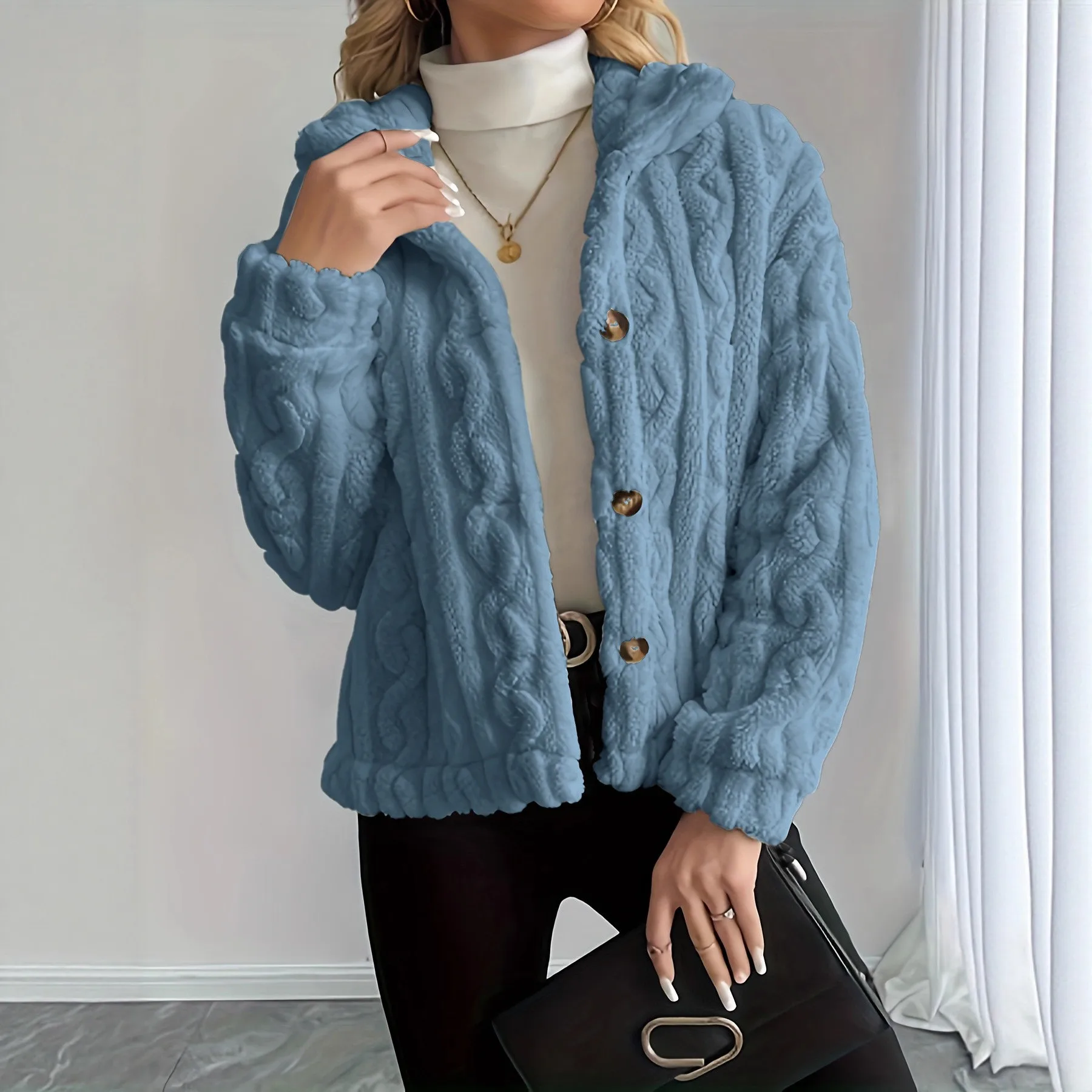Thick Long Sleeve Top Regular Fit Graceful Elegant with Notched Collar Button Closure Winter Wrinkle Finish Women Jacket