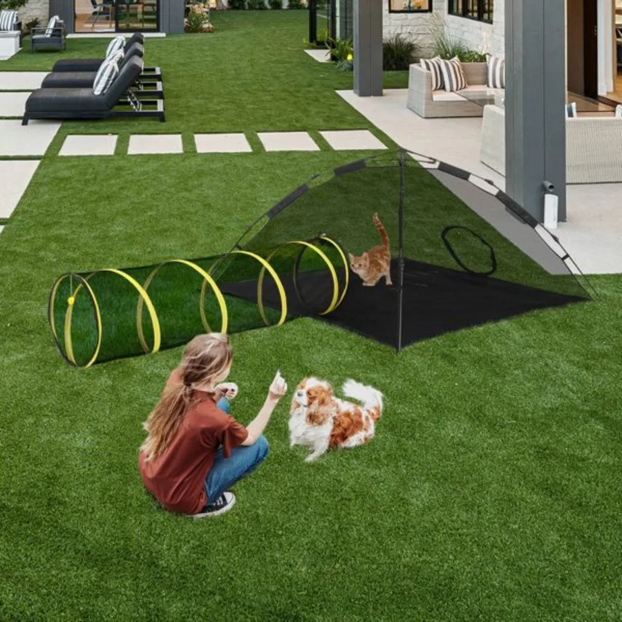 Outdoor kattenspeeltent met tunnel Draagbaar kattenspeelhuisje voor binnen en buiten Kattenbox Ingesloten voor katten Konijnen en kleine Ani
