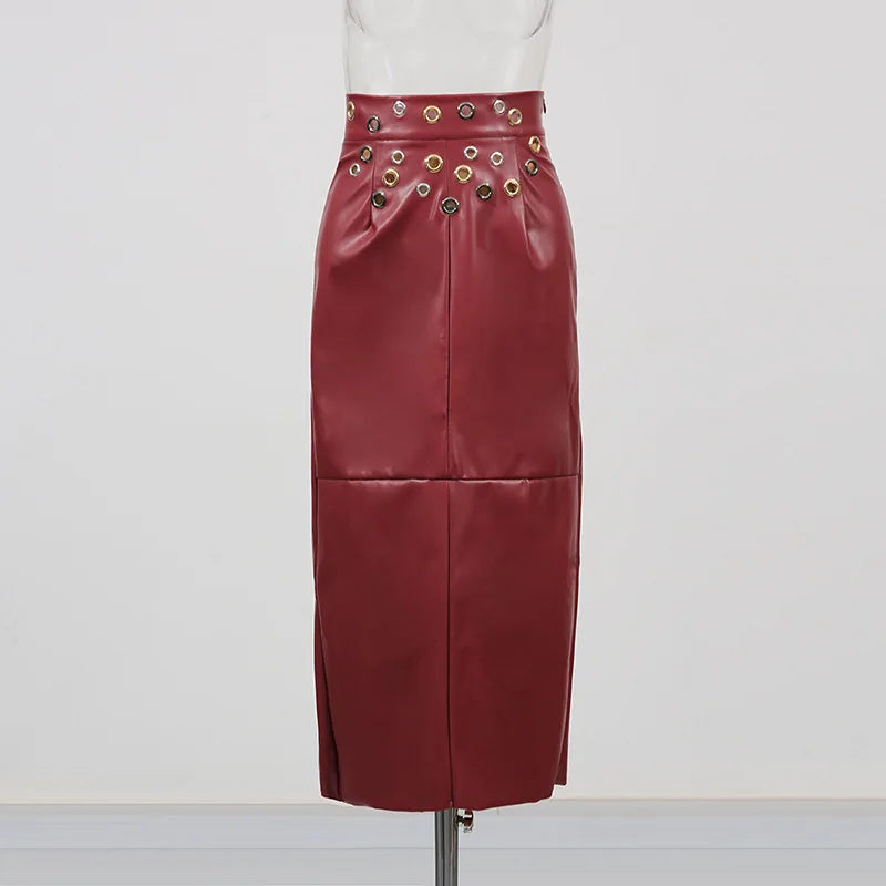 

Fashion Women Burgundy PU Skirt American High Street Retro Slim Fit Autumn High Waist Split Metal Hollow Out Leather Skirts