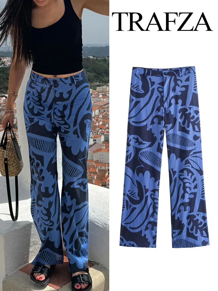 

TRAFZA 2024 Women Summer Holiday Fashion Print Long Pants Female Vacation Chic Casual High Waist Zipper Pockets Trousers Mujer