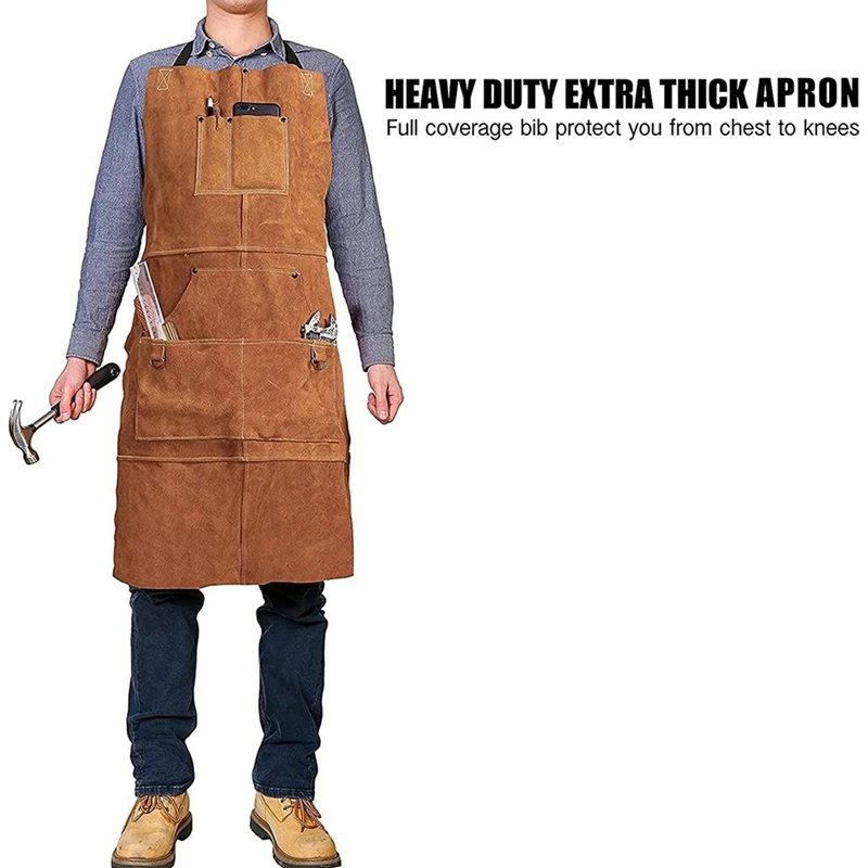 Leather Work Shop Apron With 6 Tool Pockets Heat&Flame Resistant Heavy Duty Welding Apron,24X36inch,Adjustable M To XXL