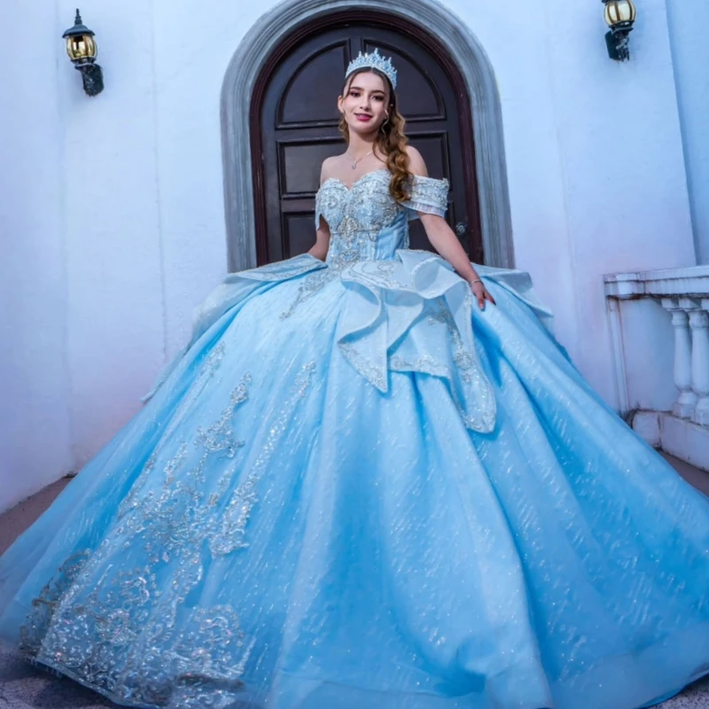Light Blue Shiny Ball Gown Quinceanera Dresses Applique Lace Beading Crystal Tiered Tull Corset Off The Shoulder Sweet 16 dress