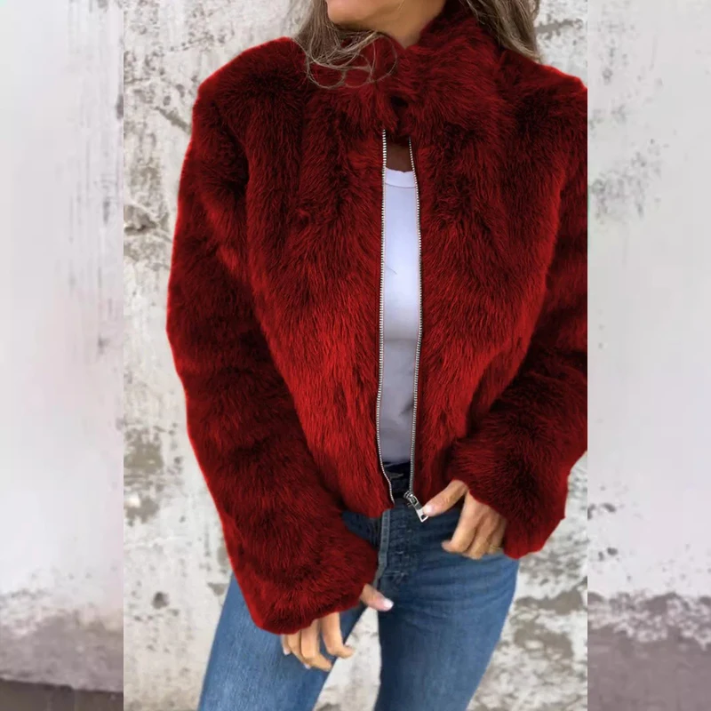 Autumn Winter Elegant Faux Fur Short Coats Fashion Stand Collar Zip Warm Solid Outerwears Women Casual Long Sleeve Loose Jackets