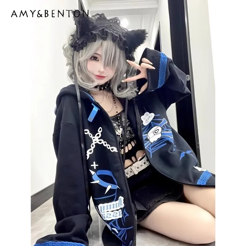 

2024 Japanese New Bandage Rabbit Subculture Millennial Print Hooded Rabbit Ears Harajuku Loose Fleece Sweater Jacket For Women