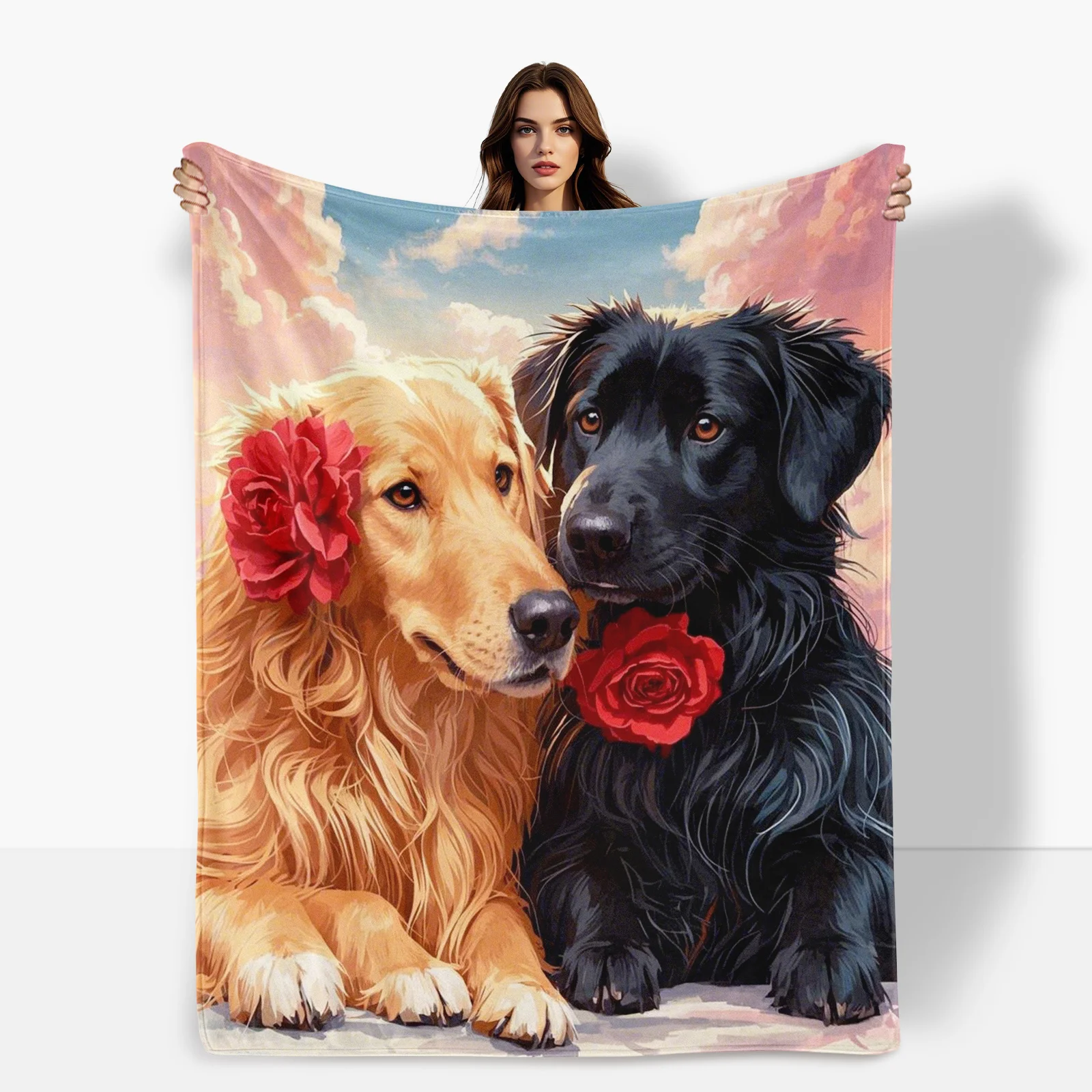 Adorable Dog Flower Pink Sky Couples Blanket Romantic Plaid Throw For Cozy Home Decor Gift Idea Warm Elegant Design For Two