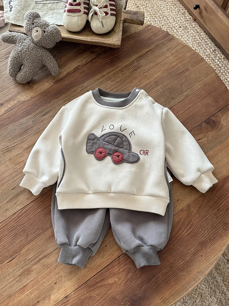 

Boys' Fleece-Lined Set Autumn Winter Thickened Cartoon Sweatshirt and Sweatpants Two-Piece Set aInfant and Toddler Clothing