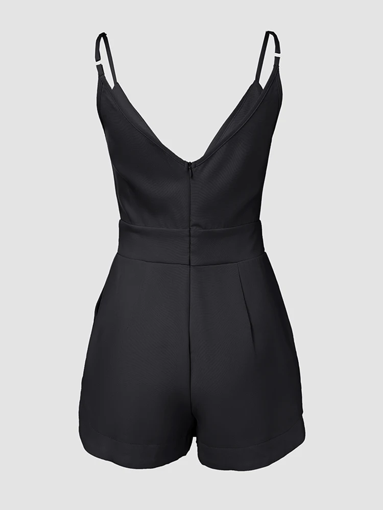 Plunge Sleeveless Ruched Pocket Design Romper