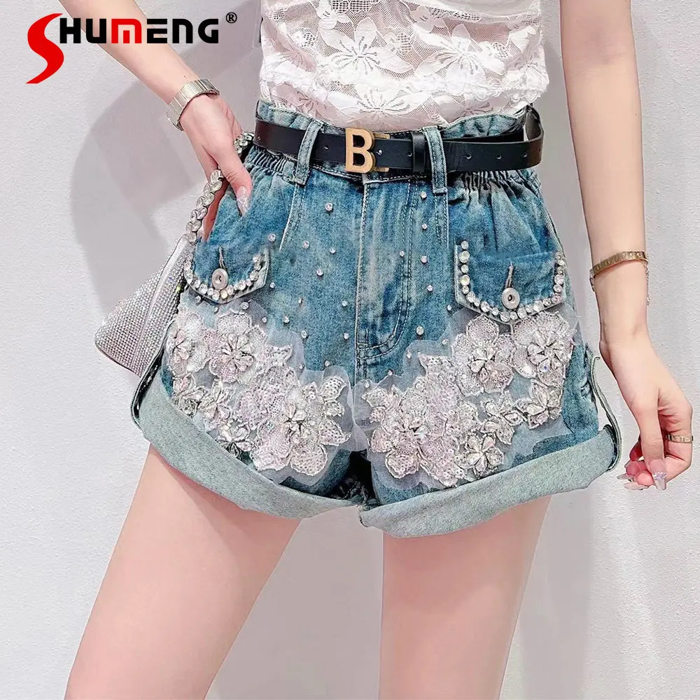 2023 Summer Heavy Industry Beads Mesh Embroidered Design Short Pants Loose Jeans Slimming High Waist Denim Shorts with Belt