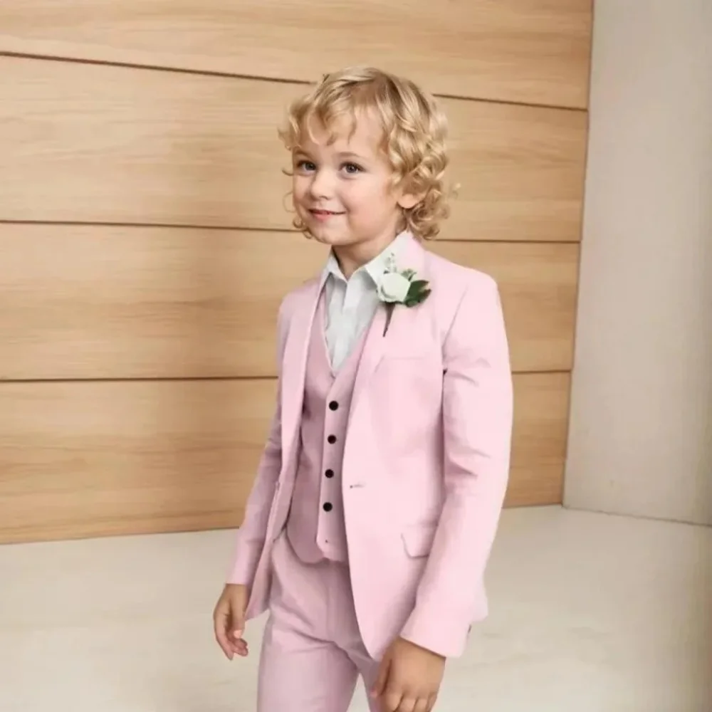 

Pink Boys Suits Jacket Vest Pants 3 Piece Set Formal Wedding Fashion Clothes for Kids Peak Lapel Blazer Elegant Child Clothes