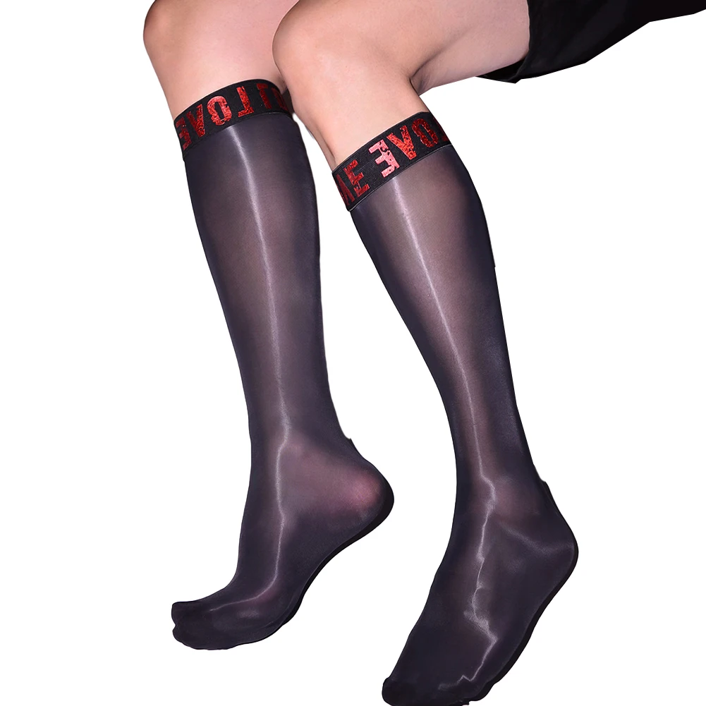 メンズ光沢のあるオイル滑らかな光沢のある手紙伸縮性シースルー腿の高ストッキングストッキングストッキング通気性シルク男性靴下