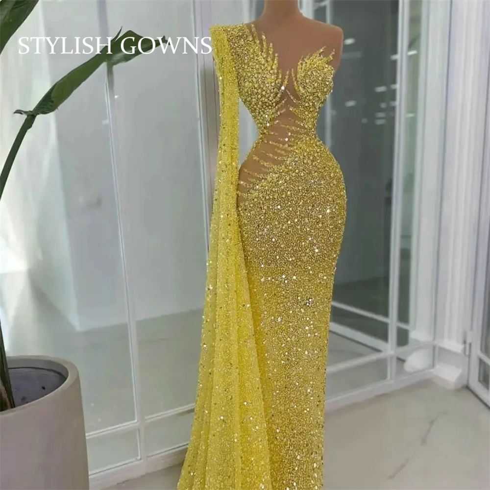 

Yellow Bead Crystal Dubai Evening Dresses Sequin 2024 Birthday Luxury Dress Rhinestone Side Train Formal Gown Customized