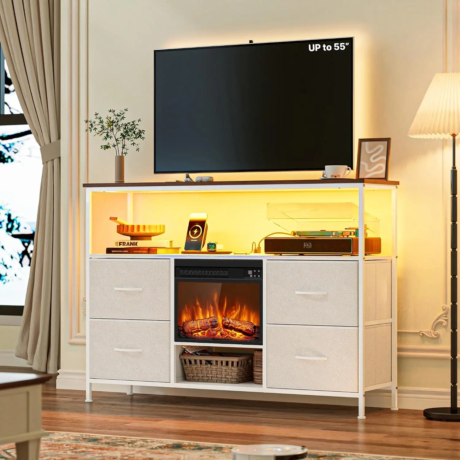Fireplace TV Stand with 4 Fabric Drawers,LED Entertainment Center with Power Outlets & Open Shelf for 55