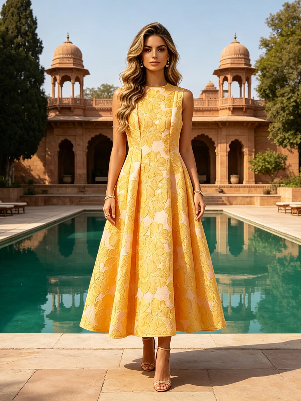Modphy New Embroidery Elegant Yellow Midi Dresses For Women O Neck Sleeveless High Waist Temperament Female Fashion Style Dress