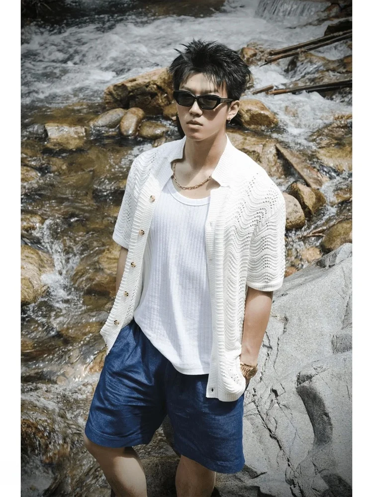 

Loose Knitted ort Sve Men's irt Summer Breathable Hollow Texture Design irtLazy Feeling Comfortable Fit Youth T...