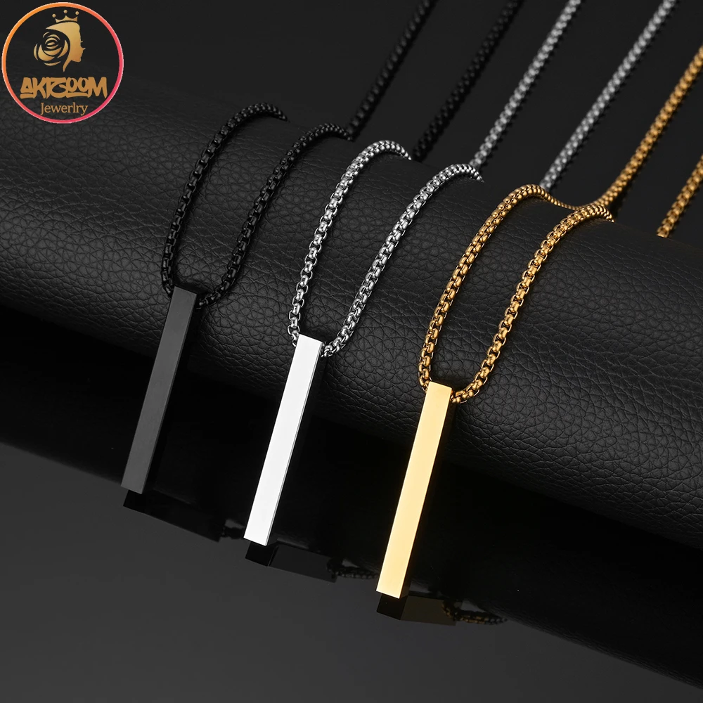 Akizoom 3 Color Four Sides Square Punk Man Necklace Stainless Steel Jewelry Blank Bar Long Chain for Women Family Christmas Gift