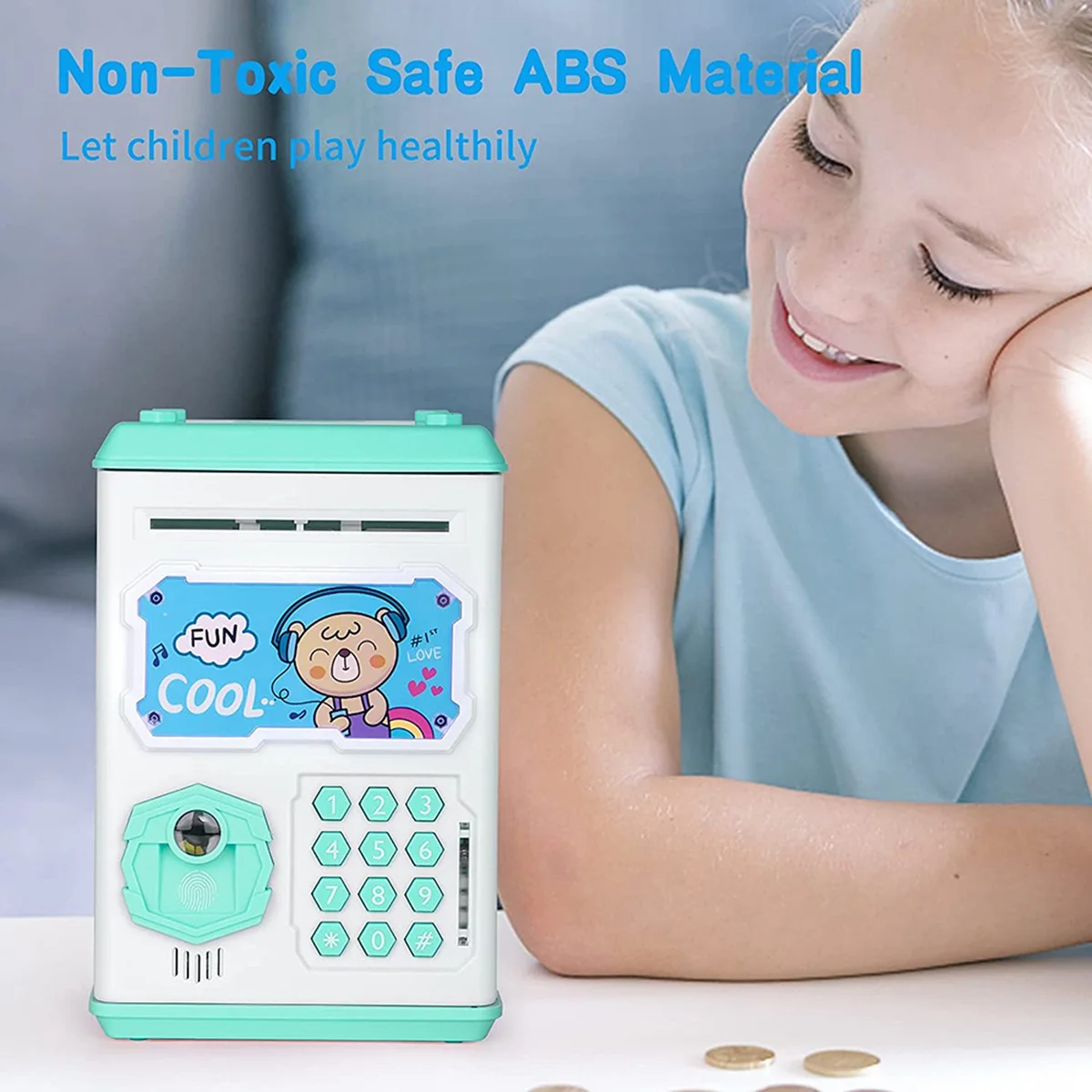 Electronic Piggy Bank,ATM Password Coin Bank For Kids,Simulate Face Fingerprint Automatic Scroll Paper Money Coin Bank