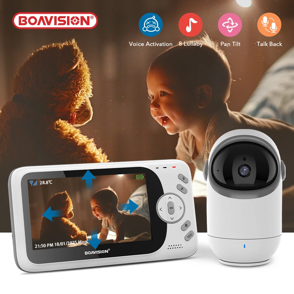 

4,3-дюймовая беспроводная видеоняня с камерой с панорамированием и наклоном, 2,4 ГГц, двусторонняя аудиосистема, перезаряжаемая батарея, помощник для умного дома