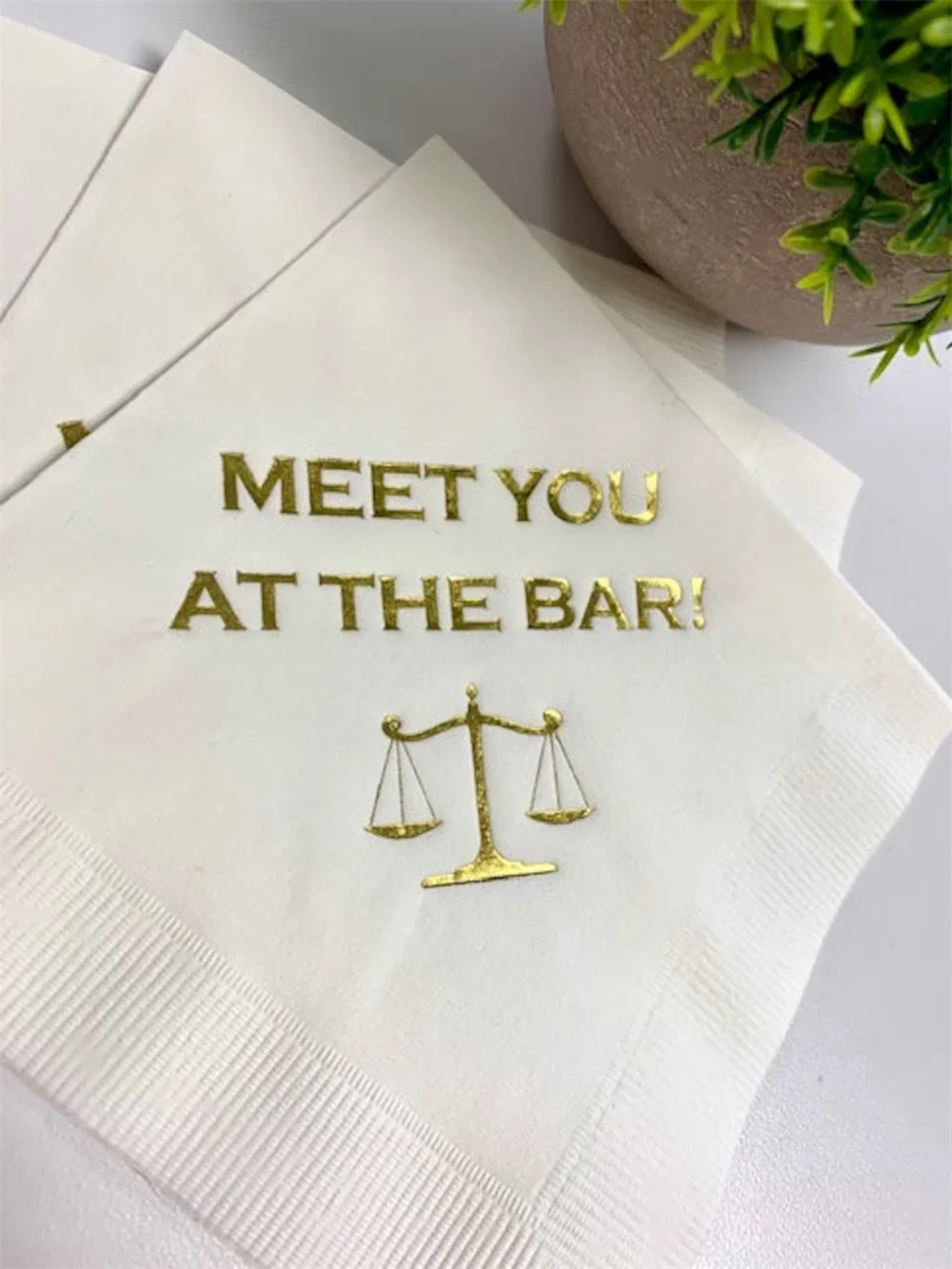 50PCS Law School Lawyer Attorney Graduation Meet You At The Bar Printed Beverage Cocktail Napkins White w/ Metallic Gold Foil