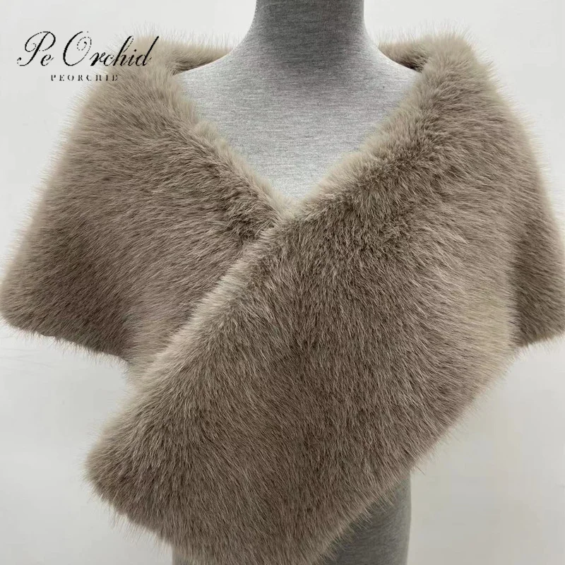 PEORCHID Winter Wedding Cape Brown Bolero Jacket Bridal Faux Fur Jacket Elegant Fur Wrap Women Evening Dress Stole