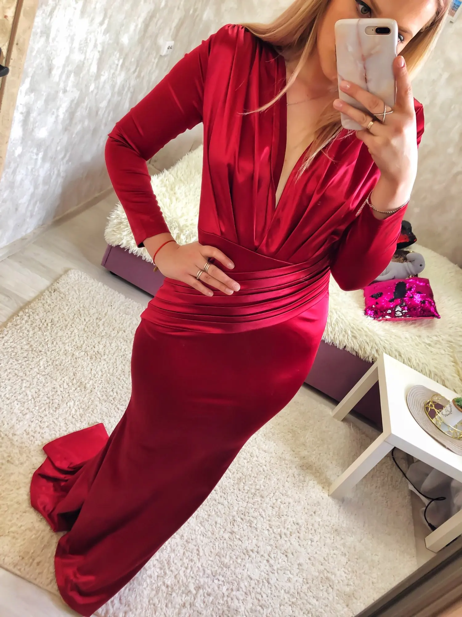 Full Sleeved V Neck Pleated Maxi Dress Elegant Floor Length Evening Party Prom Gown