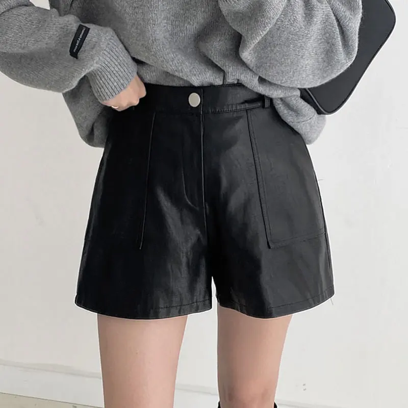 

ZHISILAO Pu Leather Shorts Women Vintage Solid Black High Waist Wide Leg A-line Shorts Autumn Winter 2024