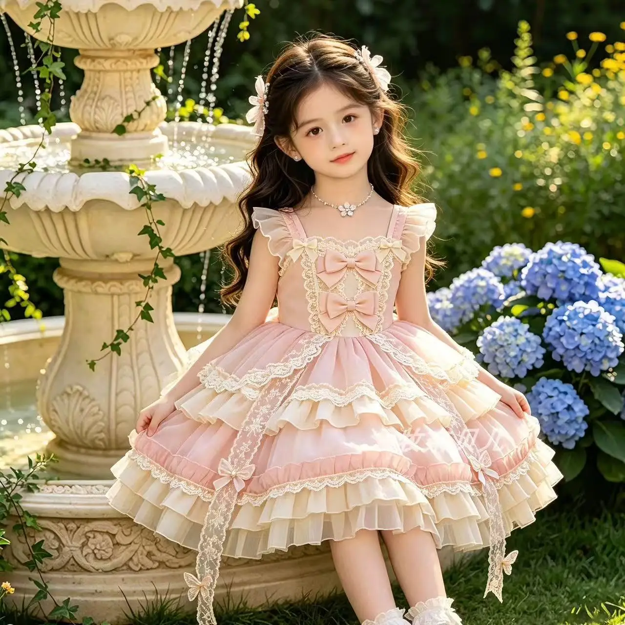 Baby Girls Princess Lolita Dress 2026 Summer New Kids Sweet Pink Lace Bow Sleeveless Flower Girl Cake Dress Birthday Party Gown
