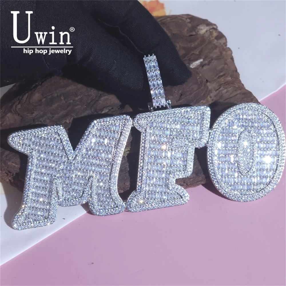 

Uwin Custom Bold Oblique Letters Iced Out Baguettecz Cubic Zirconia Number Pendant Chain Necklace Hiphop Punk Jewelry