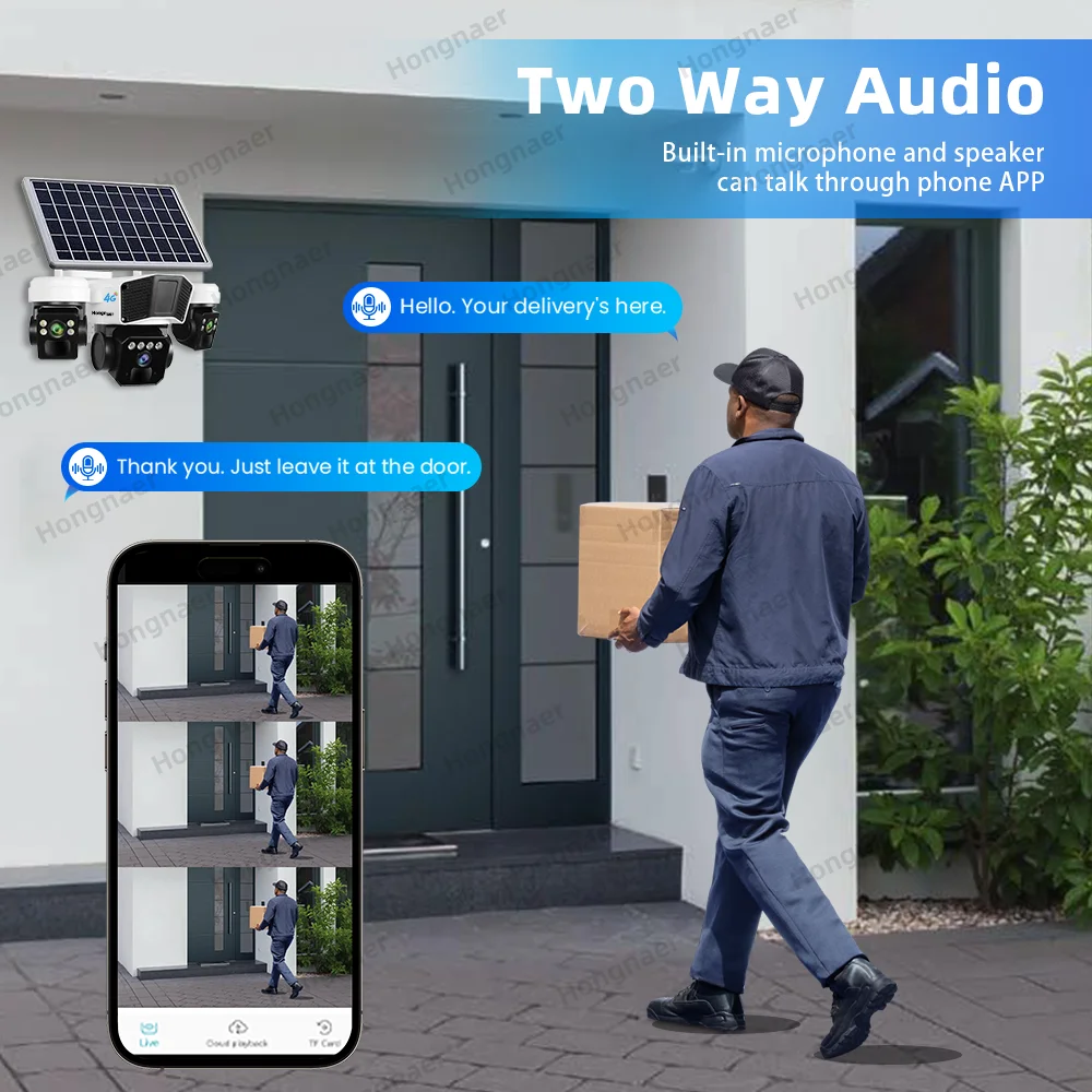 كاميرا Hongnaer 12MP ثلاثية العدسات 4G لاسلكية تعمل بالطاقة الشمسية PTZ IP O-KAM Pro للأمن الخارجي CCTV 4G بطاقة Sim كاميرا تعمل بالطاقة الشمسية