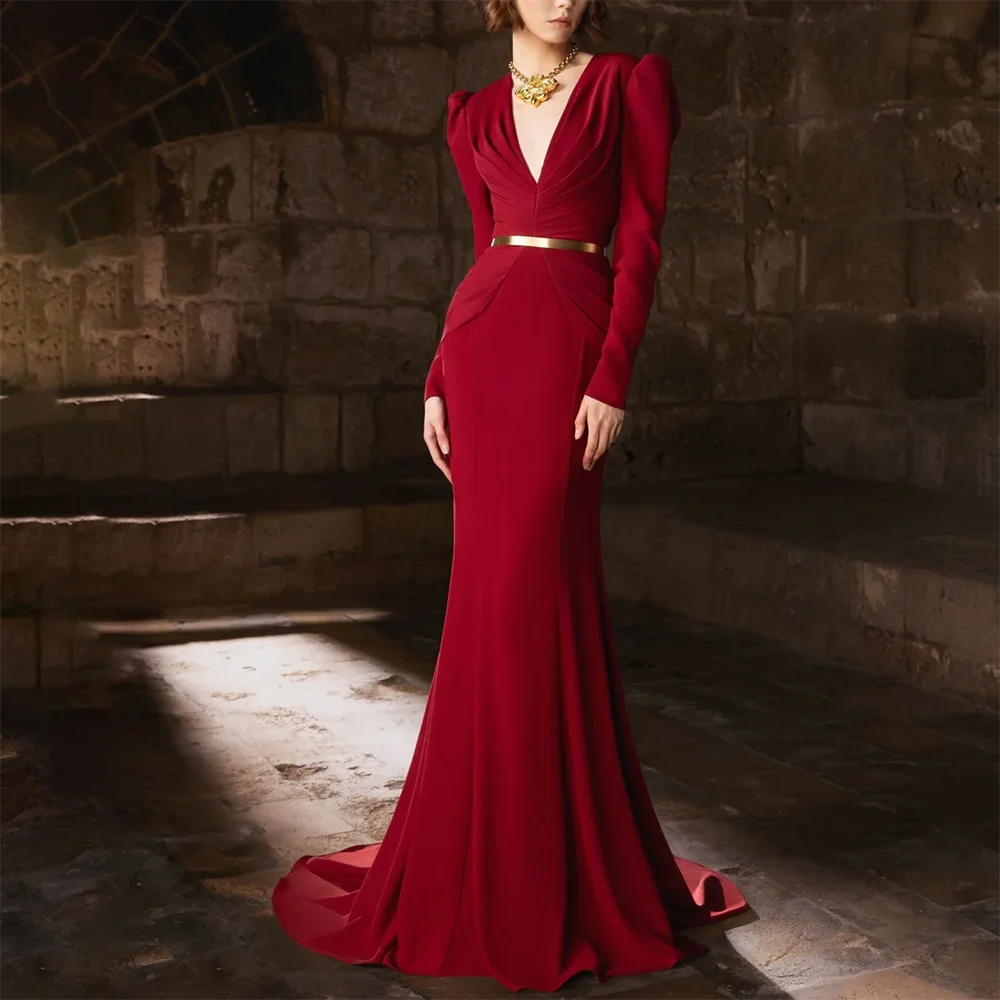 

Luxury V-neck Long Sleeves Evening Dresses Self-cultivation Sash Prom Gowns Mermaid Floor Lenght Prom Dress Customized 2026