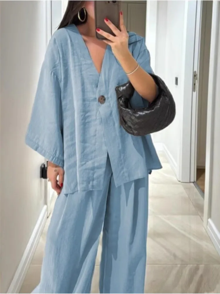 Primavera verão moda casual feminino 2 pçs define roupas sólido com decote em v único botões solto topo & calças de perna larga calças femininas terno