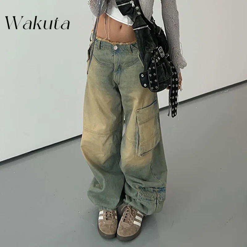 WAKUTA American Retro Old Washed Low Waist Straight Pant Fashion Loose Pockets Splicing Raw Edge Jeans Street Style Casual Jeans