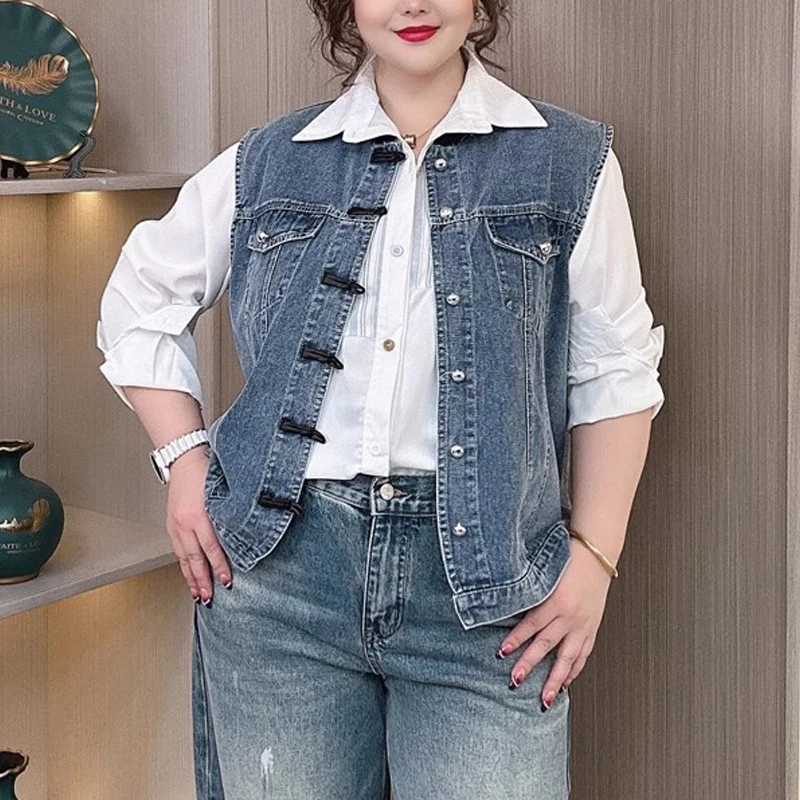 

Весна 2024, новый джинсовый жилет больших размеров в китайском стиле для женщин, жилет большого размера для пышных женщин, повседневный топ 8282