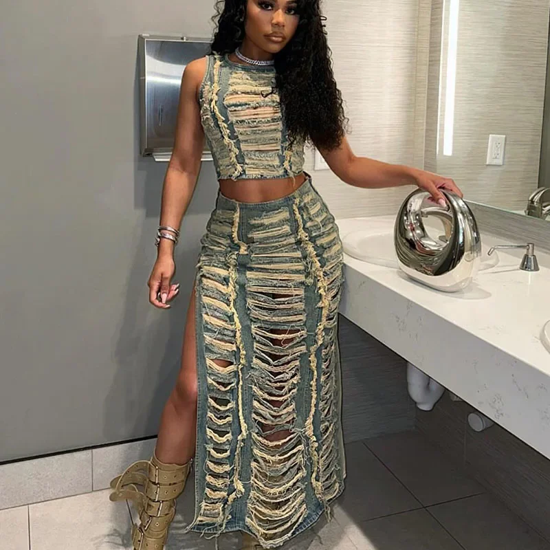 Streetwear Ripped Hole Denim Two Piece Set for Women Y2K Birthday Outfits Sleeveless Crop Top and Side Slit Long Skirt Sets Jean